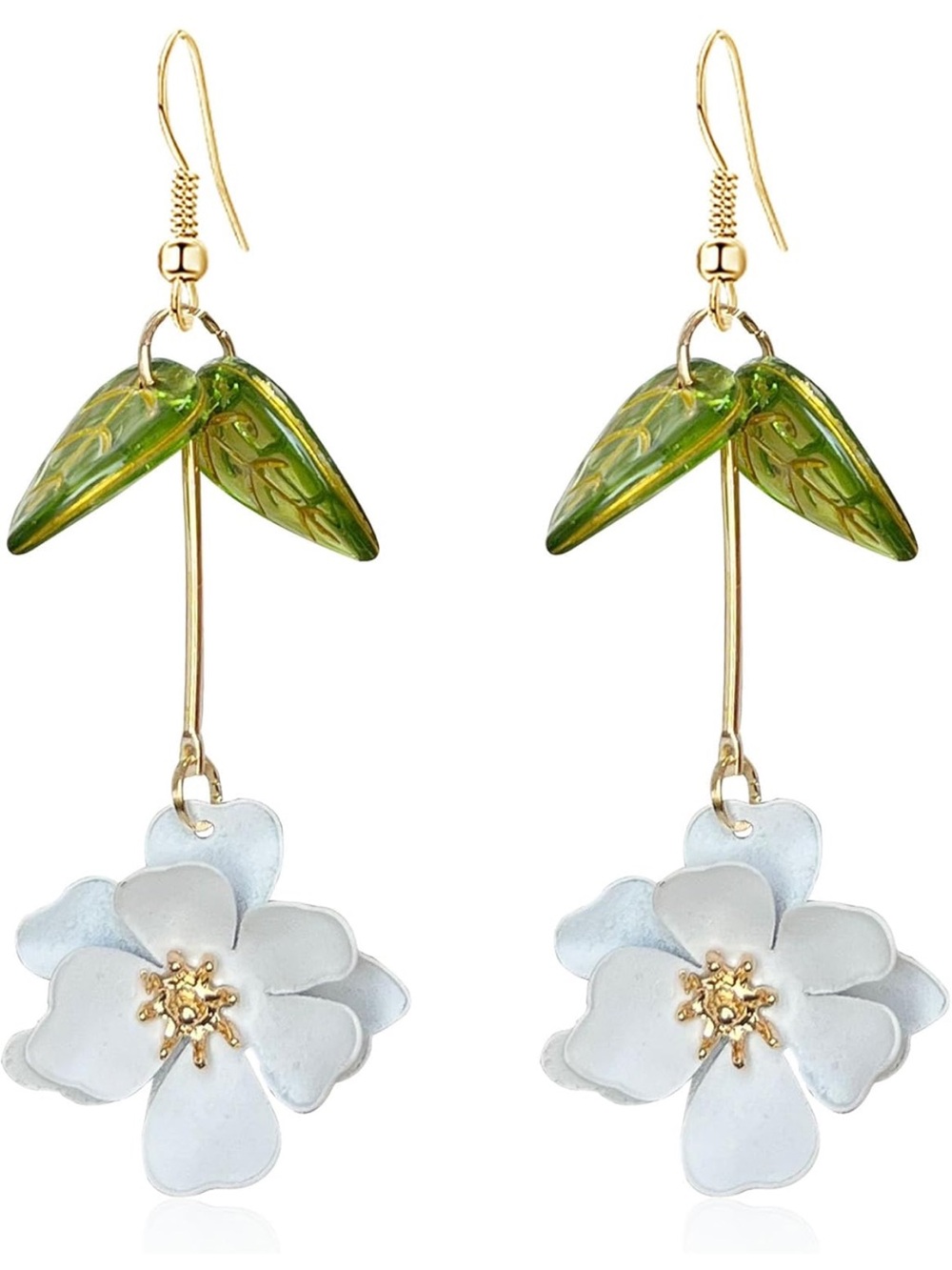 Delicate White Flower Drop Earrings with Green Leaf Accents